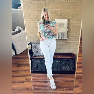 TCEC Teal Pink Floral Ruffle Crop Top